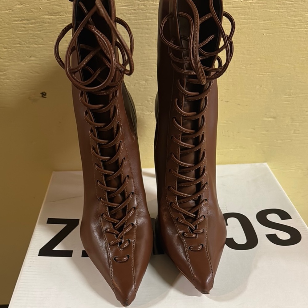 SCHUTZ Brown Lace-Up Boots with Stiletto Heel